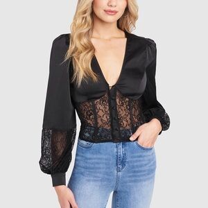 Bebe Satin & Lace Bustier Waist Blouse